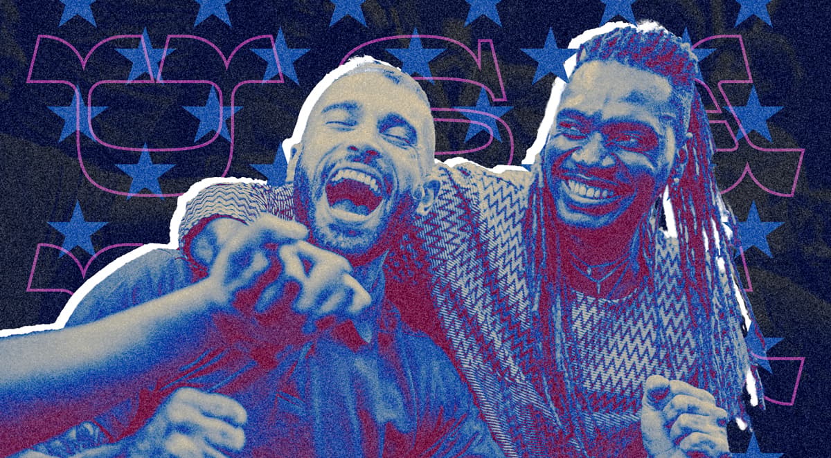 Stylized image of two men celebrating and cheering together