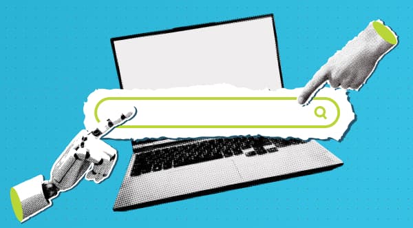 Laptop with a search bar across it. A human hand and a robotic hand overlap the search bar across from each other. Blue background