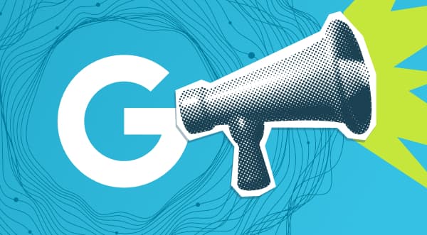 Google "G" with a megaphone next to it. Vibrant blue and green background