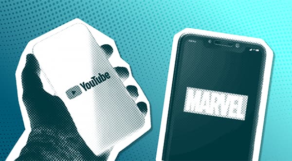 cutout out of hand holding a phone that says 'YouTube' next to a cutout of a phone that says Marvel with a digital blue background