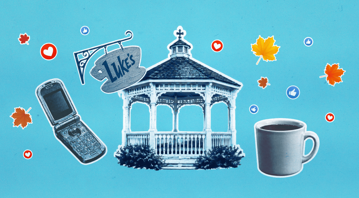 Illustration of a white gazebo surrounded by a flip phone, coffee mug, autumn leaves, and social media icons on turquoise.